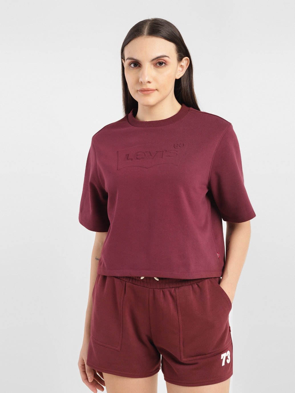Women's Brand Logo Boxy T-Shirt - ModelFront View