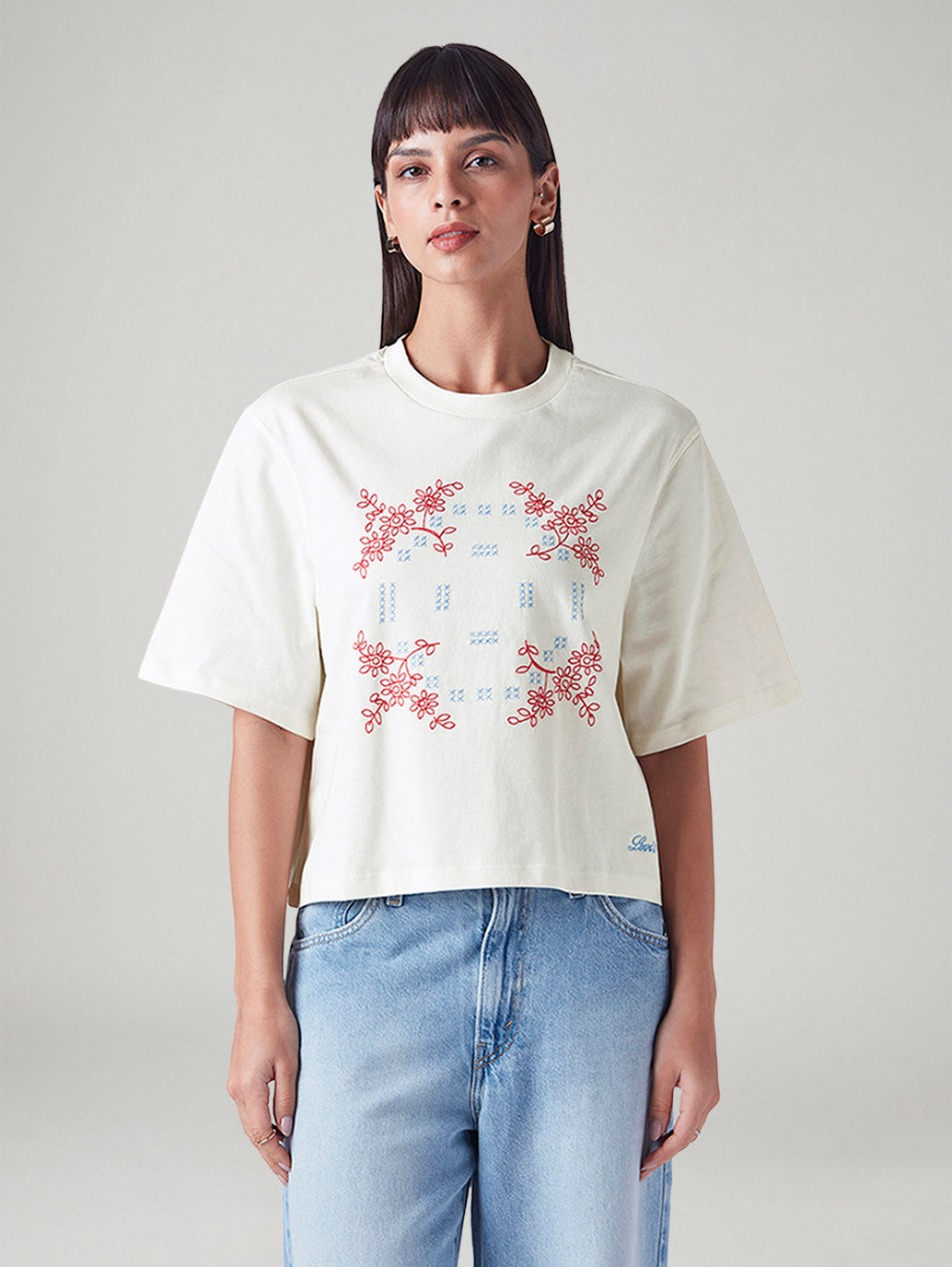 Women's Embroidered Relaxed Fit T-Shirt - Front View