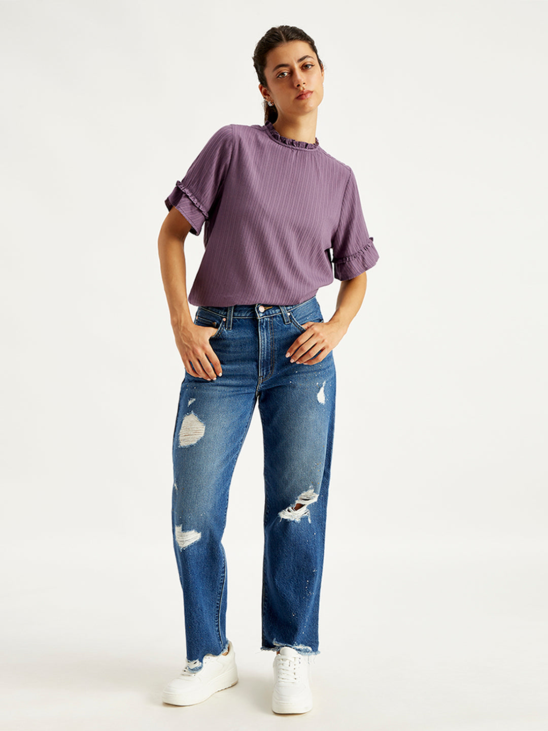 Women's 94 Blue Baggy Fit Mid Rise Jeans - Styleshot View