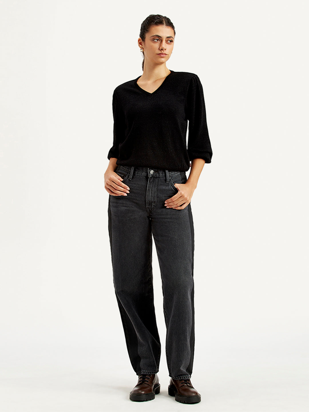 Women's 94 Charcoal Grey Baggy Fit High Rise Jeans - Front View