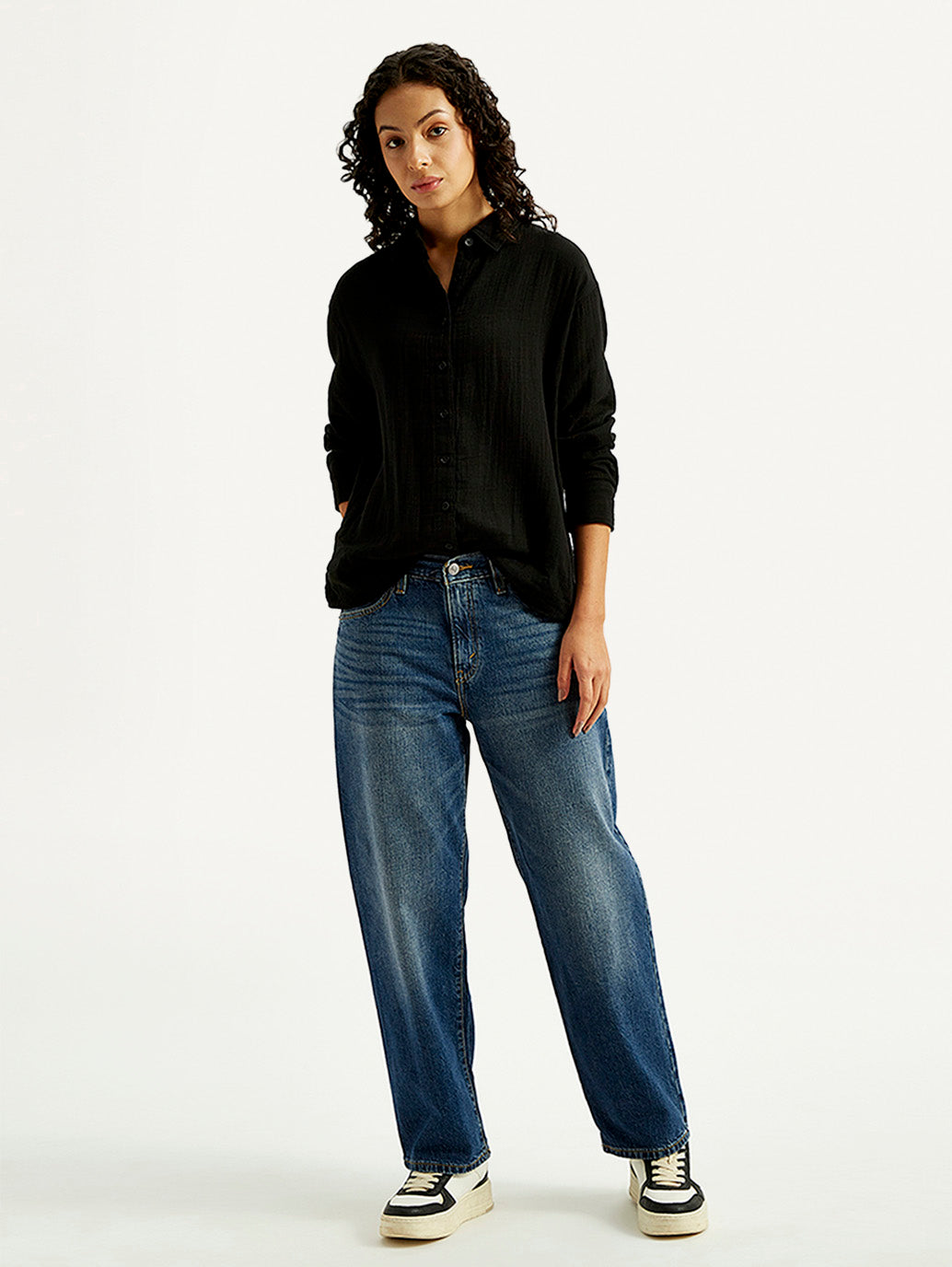 Women's 94 Blue Baggy Fit Mid Rise Jeans - Styleshot View