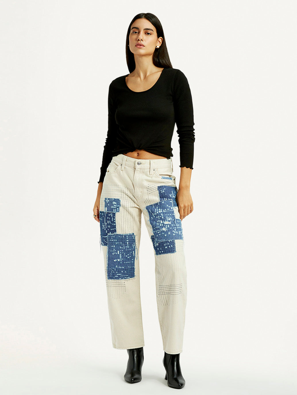Women's Cream Baggy Fit Mid Rise Jeans - Styleshot View