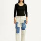 Women's Cream Baggy Fit Mid Rise Jeans - Front View