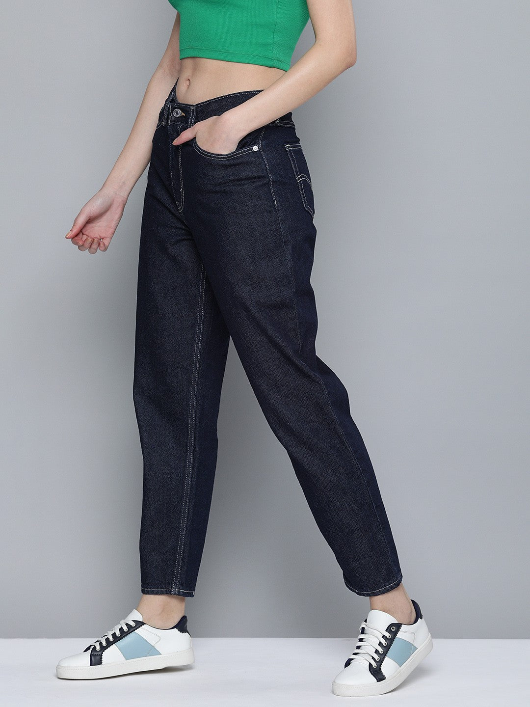 Women's 80s Mom Navy Blue Loose Fit High Rise Jeans - 2 View