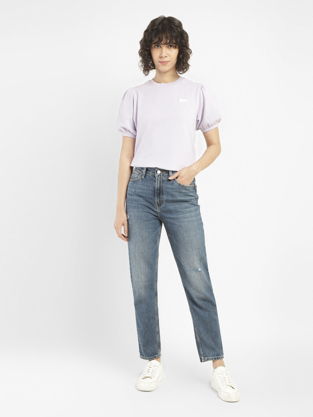 Women's 80s Mom Blue Loose Fit Mid Rise Jeans - ModelFront View