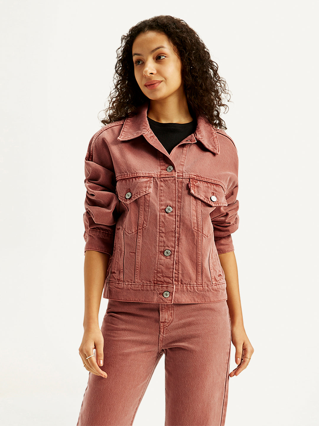 Women's Solid Rust Spread Collar Trucker Denim Jacket - Front View