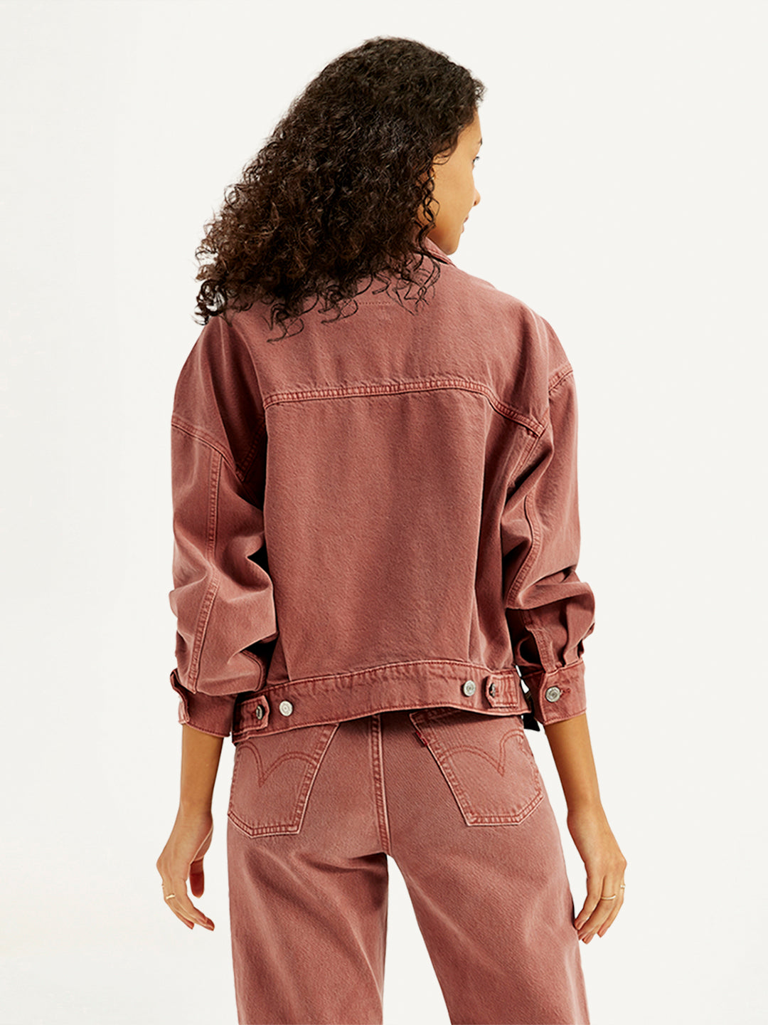 Women's Solid Rust Spread Collar Trucker Denim Jacket - Back View