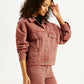 Women's Solid Rust Spread Collar Trucker Denim Jacket - Side View