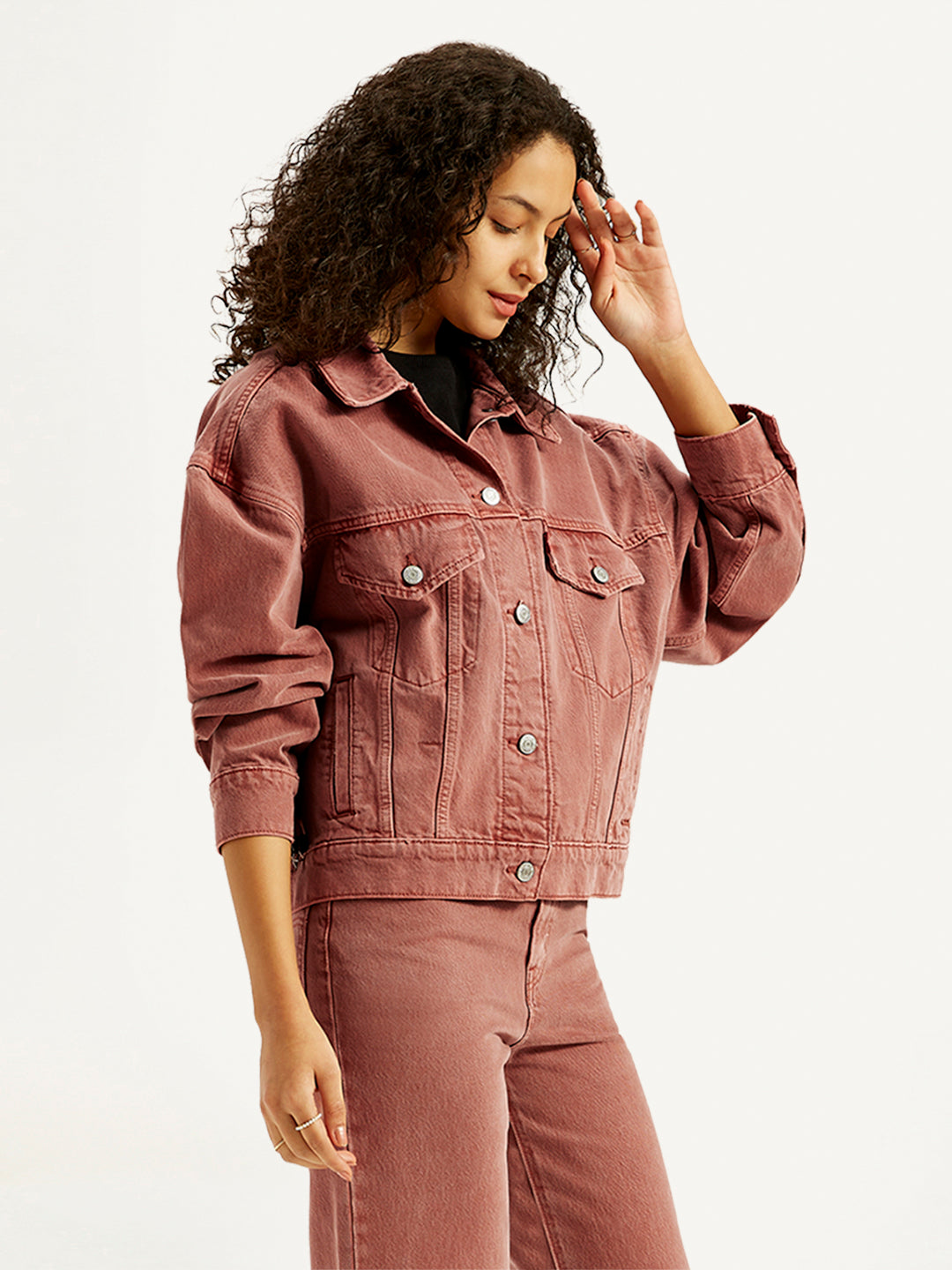 Women's Solid Rust Spread Collar Trucker Denim Jacket - Side View