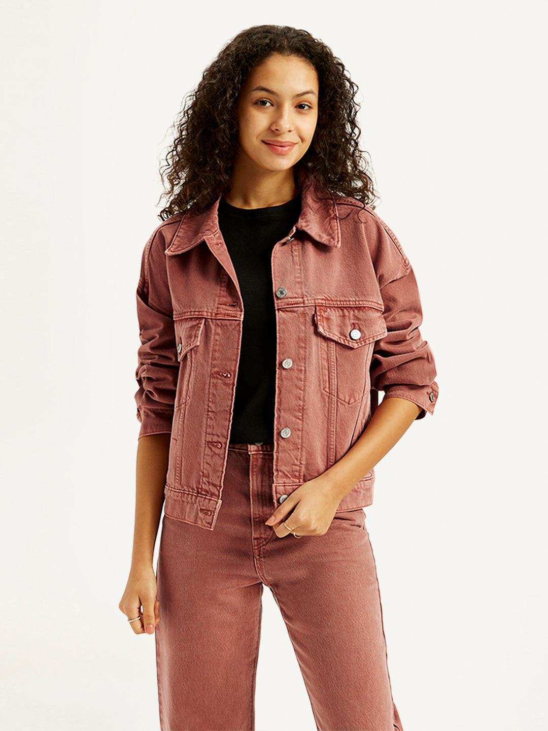 Women's Solid Rust Spread Collar Trucker Denim Jacket - Styleshot View