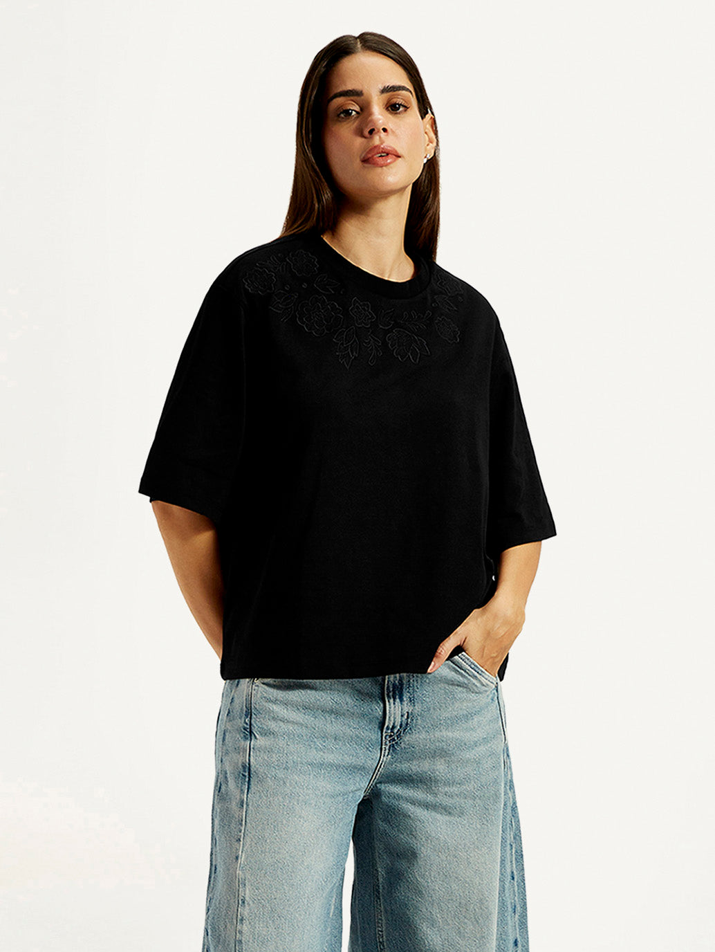 Women's Embroidered Black Relaxed Fit T-shirt