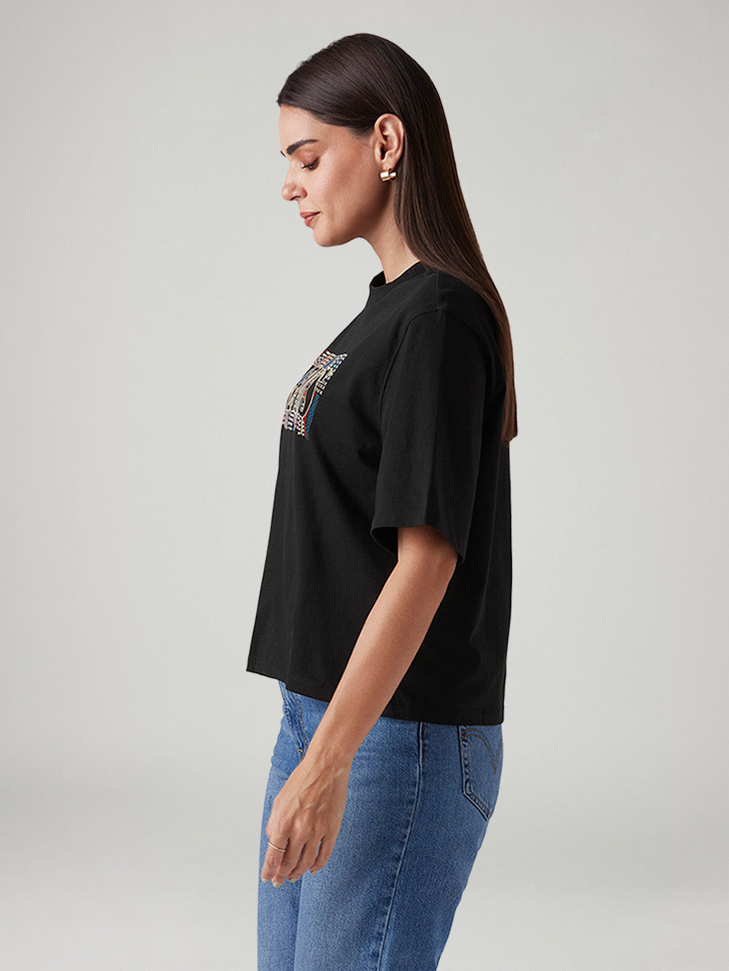 Women's Logo Printed Relaxed Fit Embroidery T-Shirt - Side View