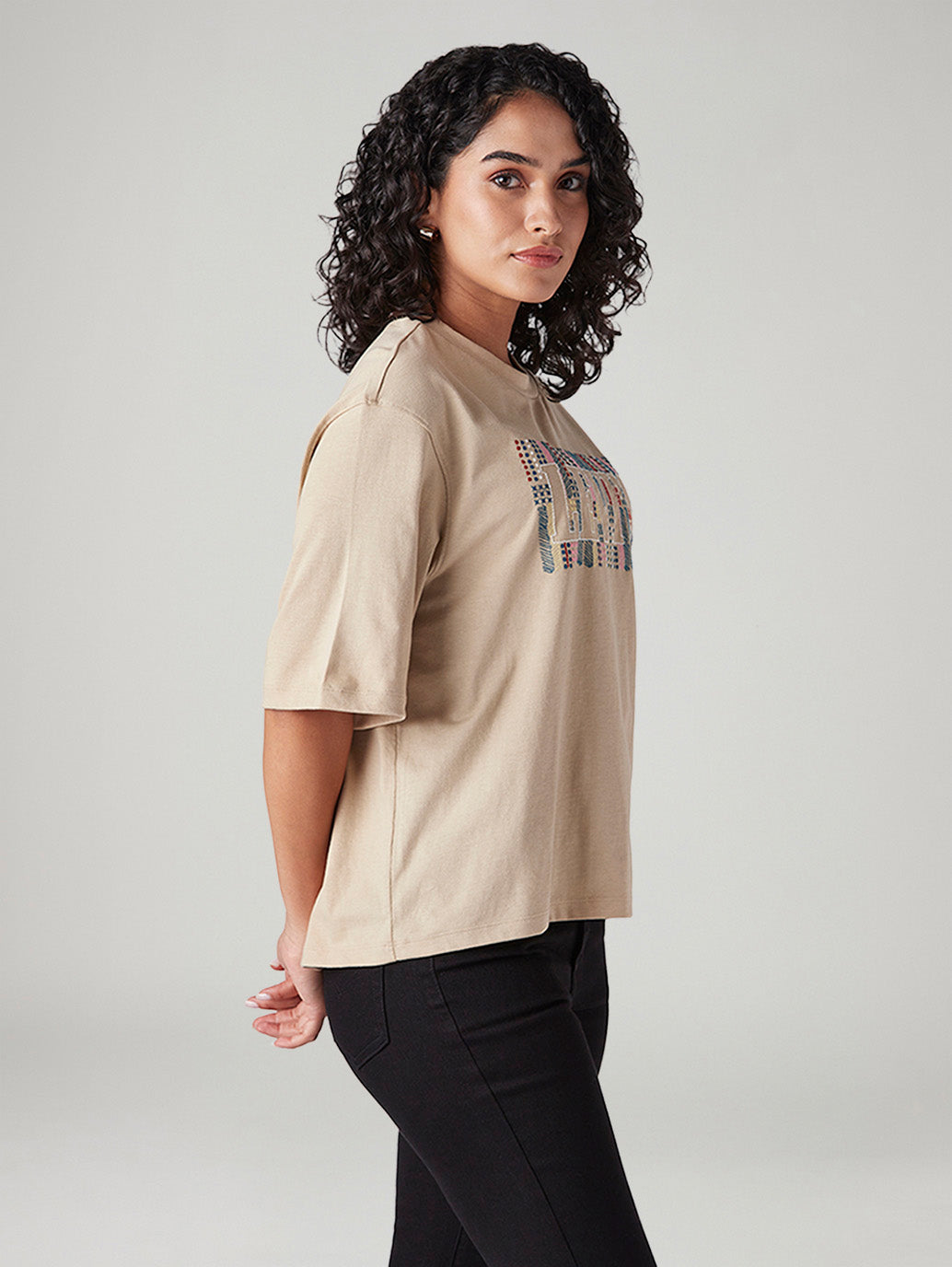 Women's Embroidered Relaxed Fit T-Shirt - Side View