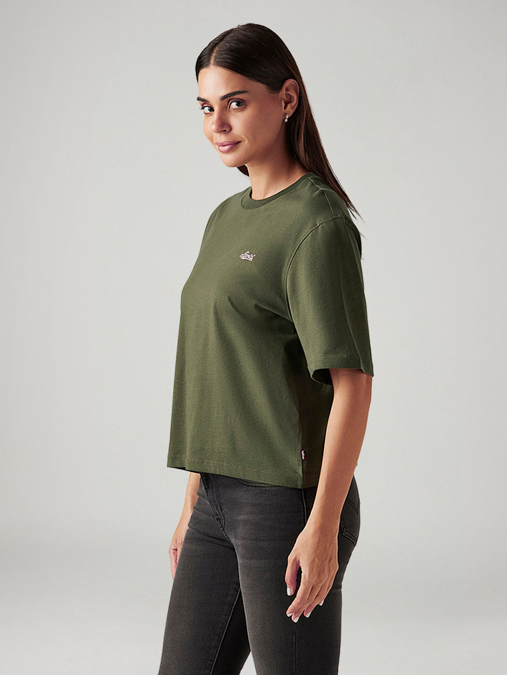 Women's Graphic Print Olive Relaxed Fit T-shirt - Side View