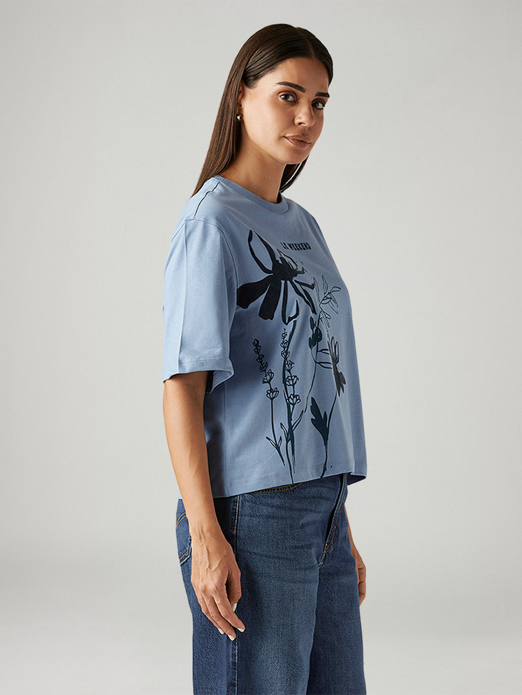 Women's Floral Light Blue Relaxed Fit T-shirt - Side View