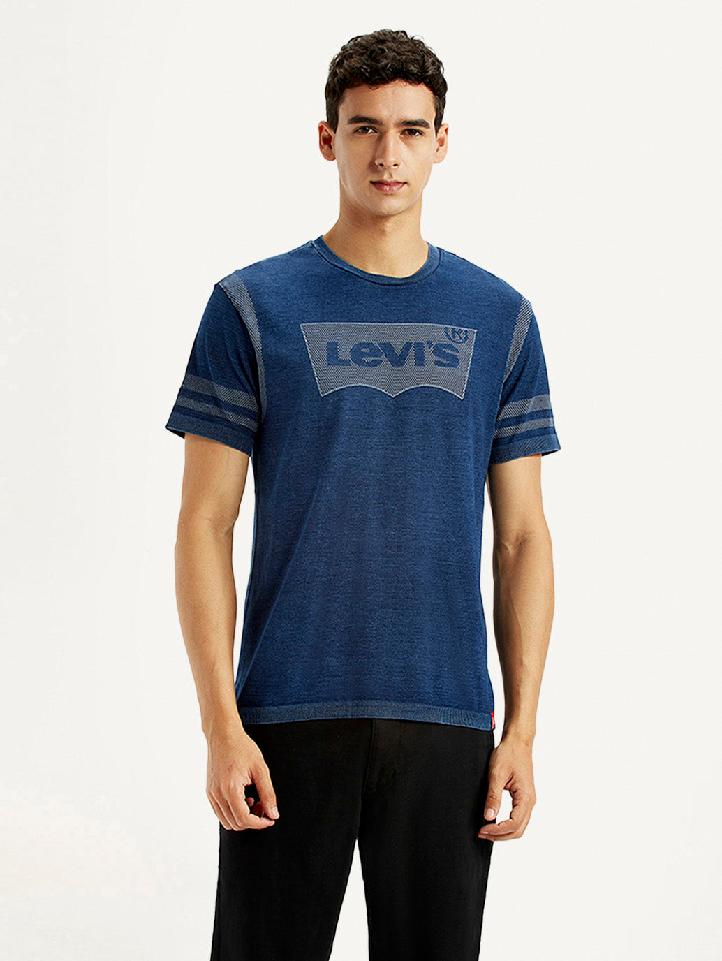 Men's Brand Logo Dark Blue Slim Fit Seamless T-shirt - Front View