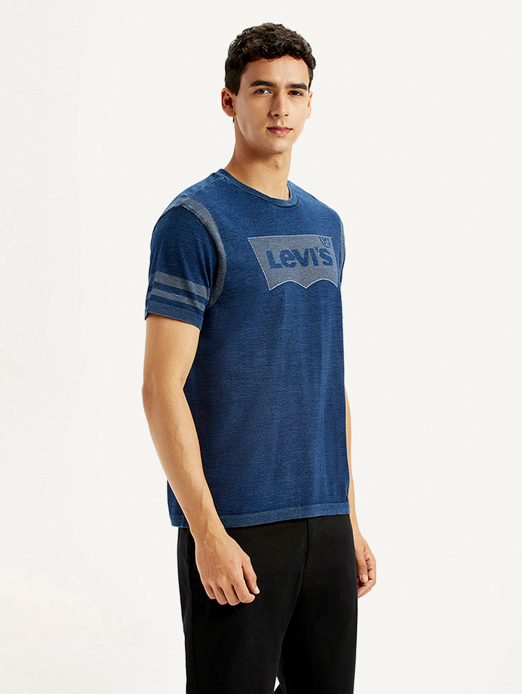 Men's Brand Logo Dark Blue Slim Fit Seamless T-shirt - Side View