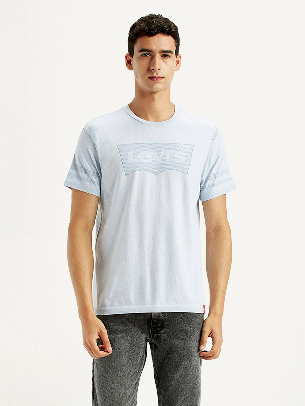 Men's Brand Logo Light Blue Slim Fit Seamless T-shirt - Front View