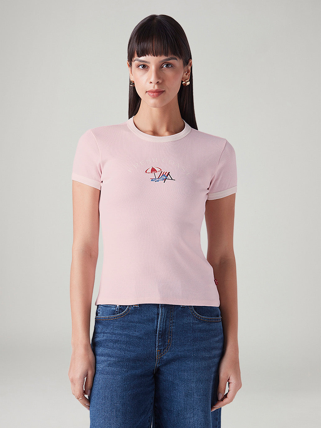 Women's Printed Slim Fit Ribbed T-Shirt - Front View