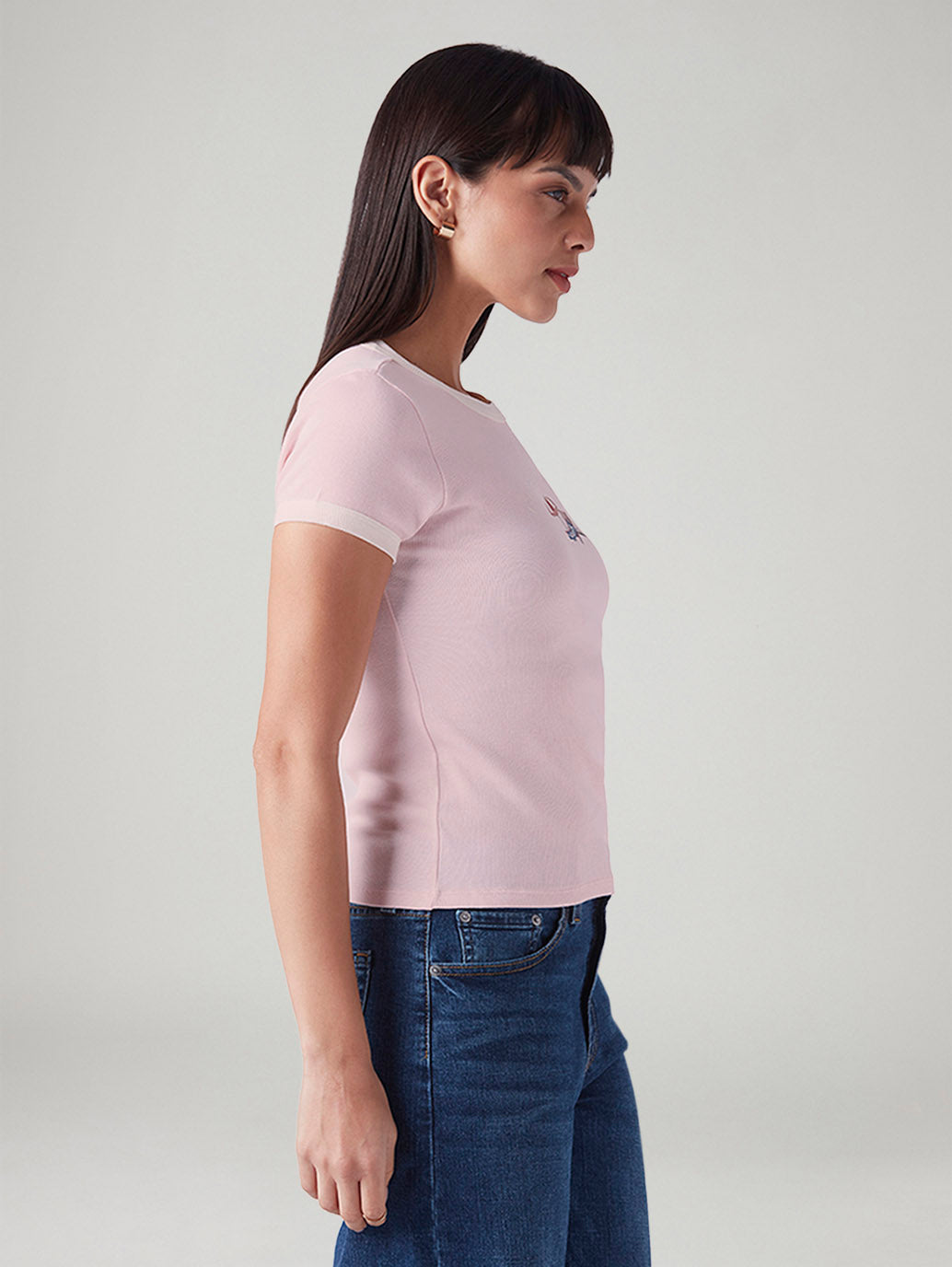 Women's Printed Slim Fit Ribbed T-Shirt - Side View