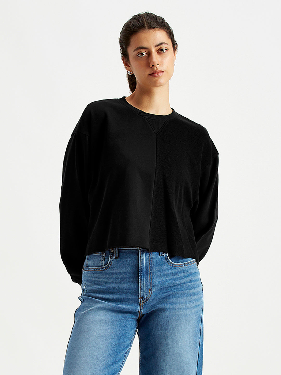Women's Solid Black Crew Neck Sweatshirt - Front View