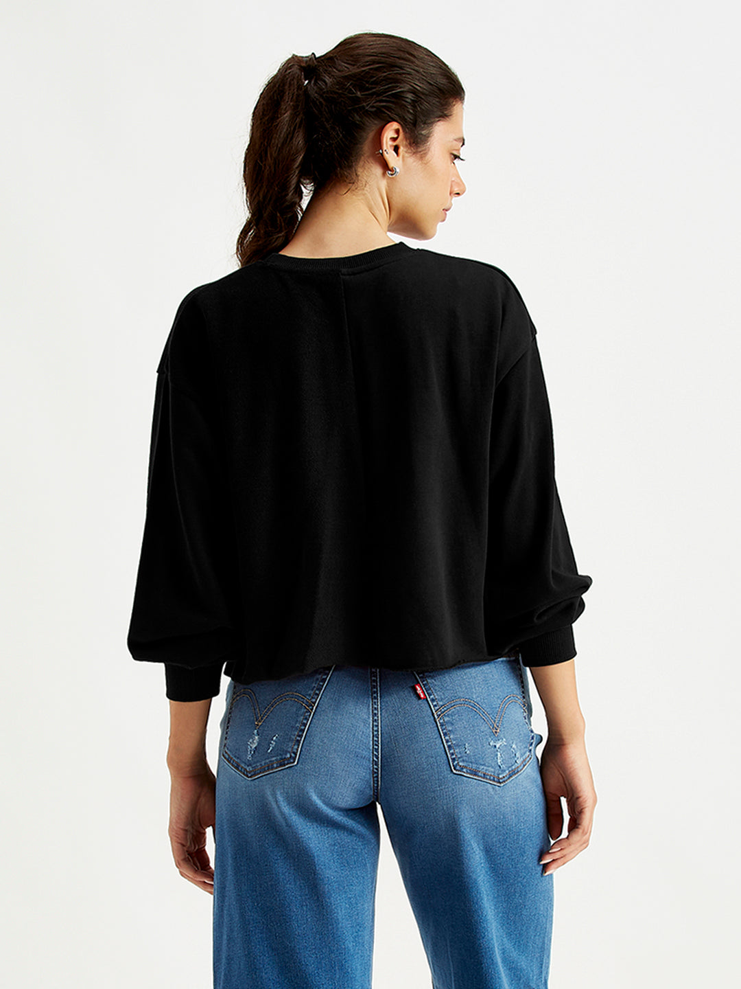 Women's Solid Black Crew Neck Sweatshirt - Back View