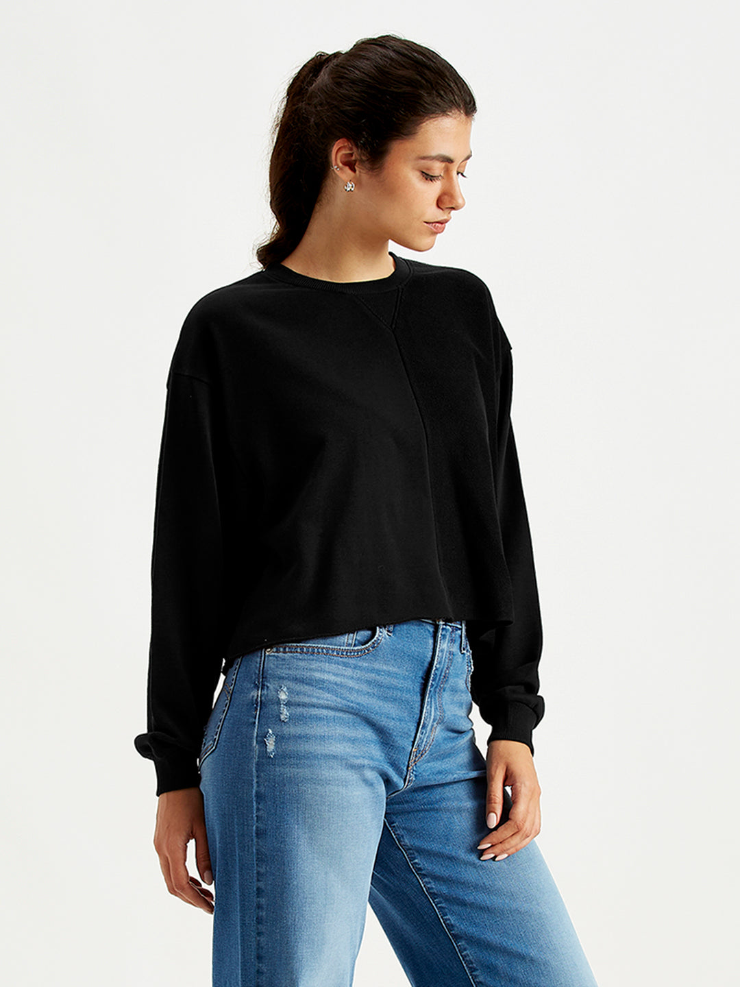 Women's Solid Black Crew Neck Sweatshirt - Side View