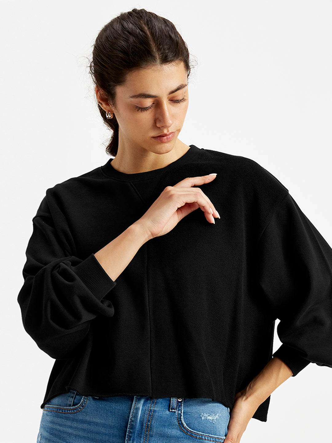 Women's Solid Black Crew Neck Sweatshirt - Detail View