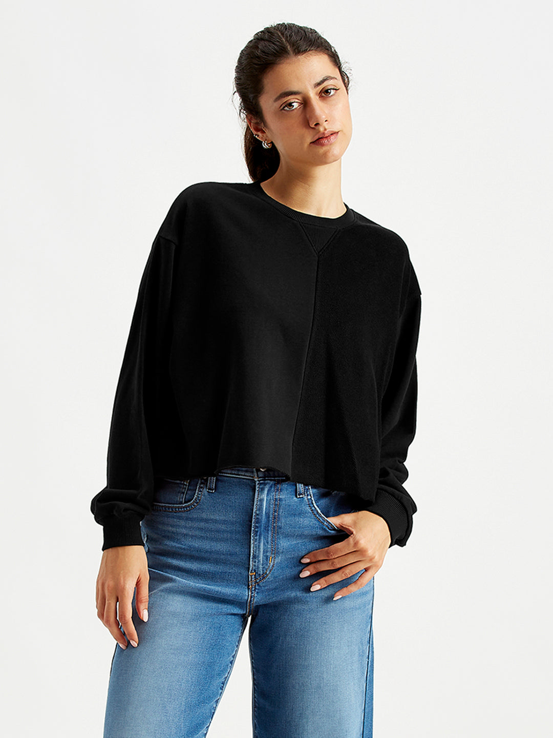 Women's Solid Black Crew Neck Sweatshirt - Styleshot View