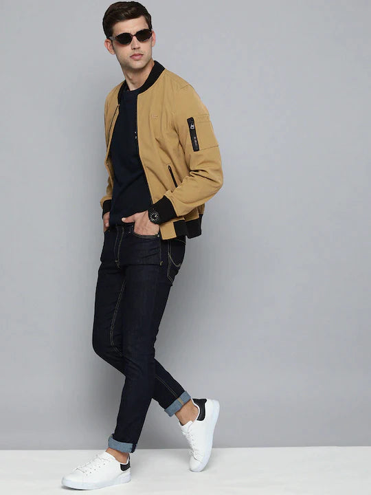 Men's Solid Band Neck Bomber Jacket - da2a733b-bfb3-4a50-8d00-da55a53da0ea View