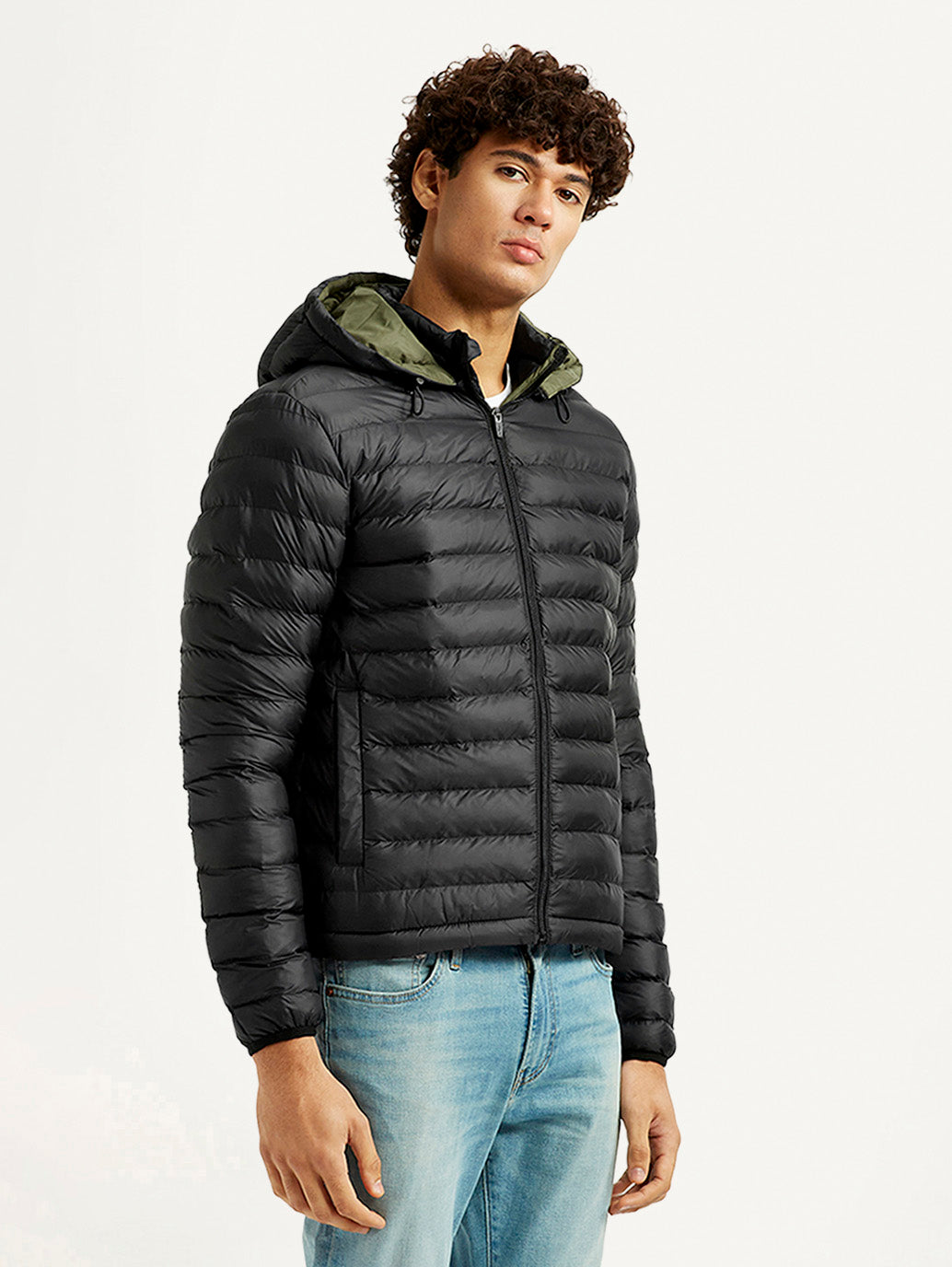 Men's Quilted Black Puffer Jacket - Side View