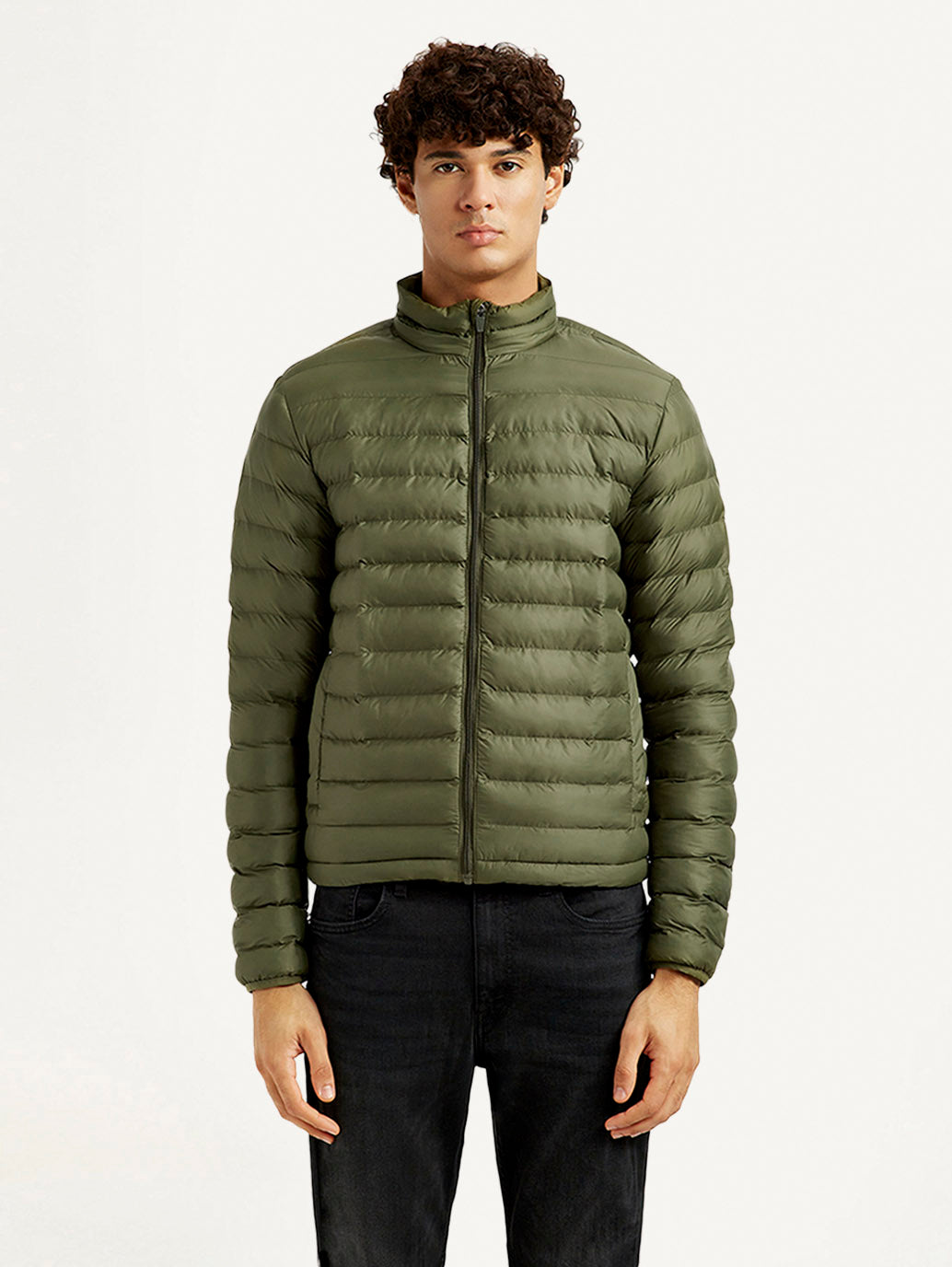 Men's Solid Olive Puffer Jacket - Front View