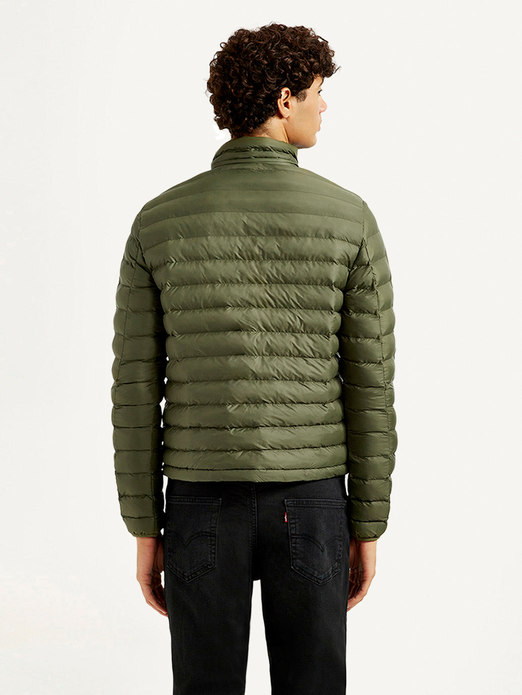 Men's Solid Olive Puffer Jacket - Back View