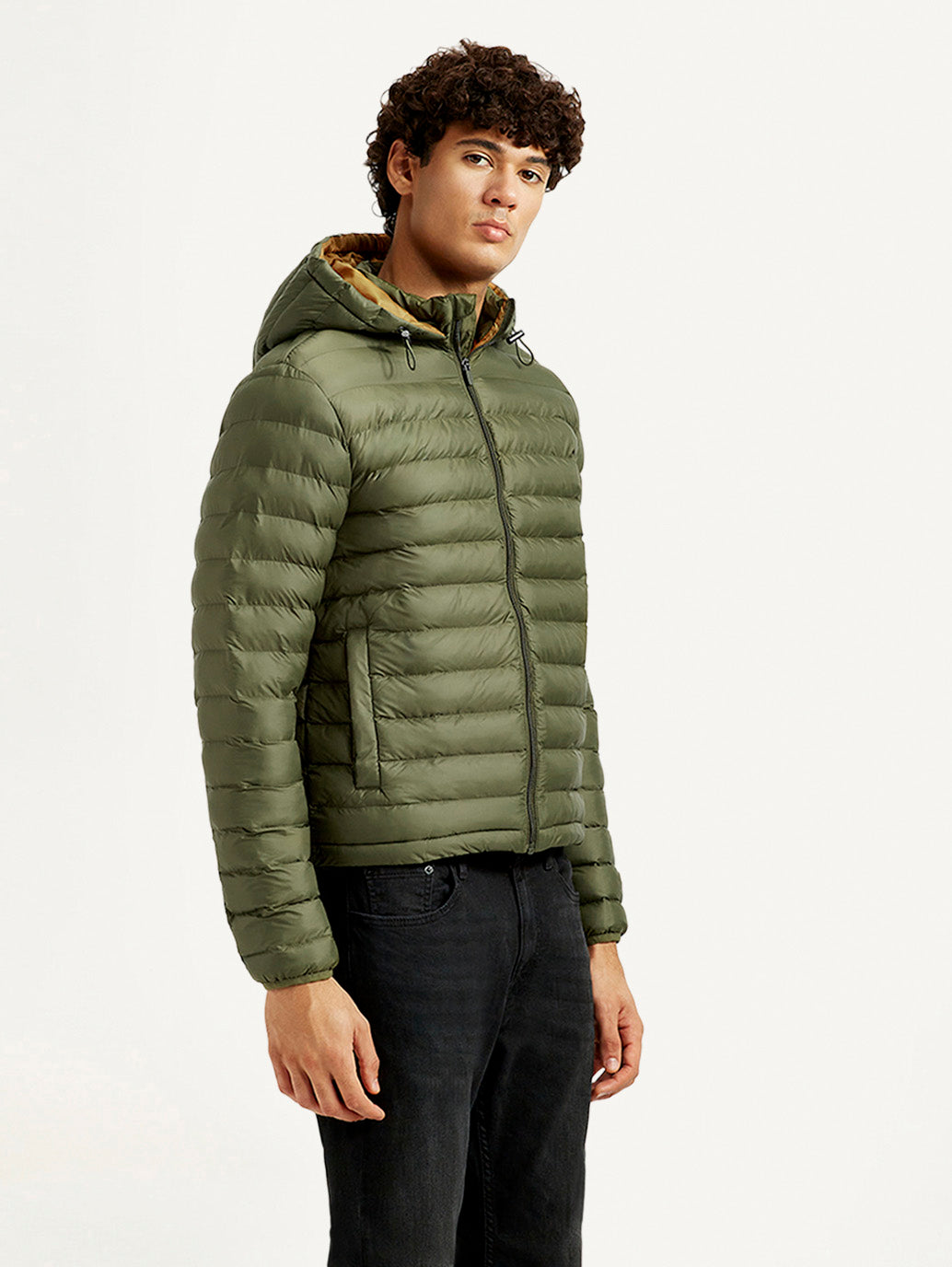 Men's Solid Olive Puffer Jacket - Side View