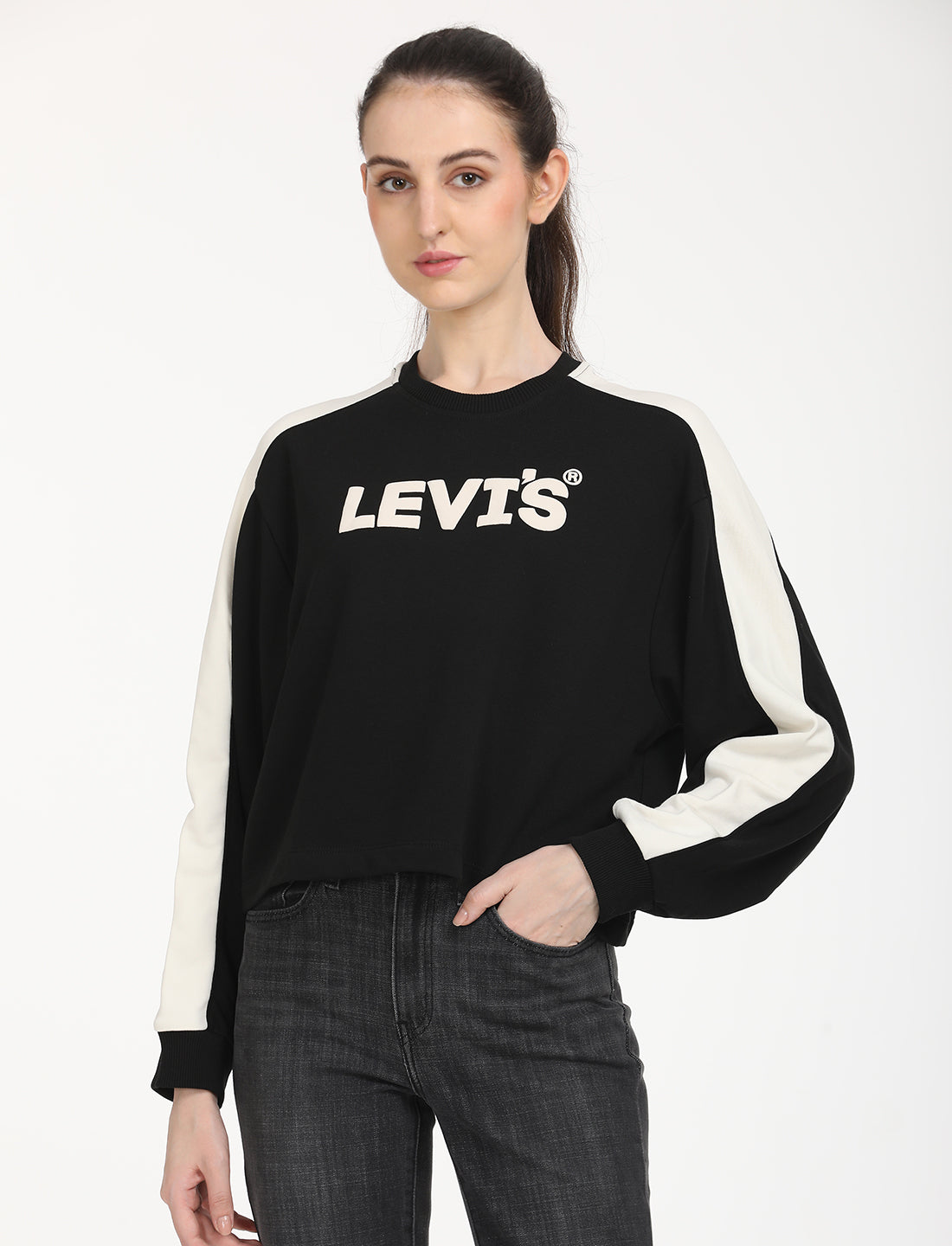 Women's Brand Logo Black Crew Neck Sweatshirt - Front View
