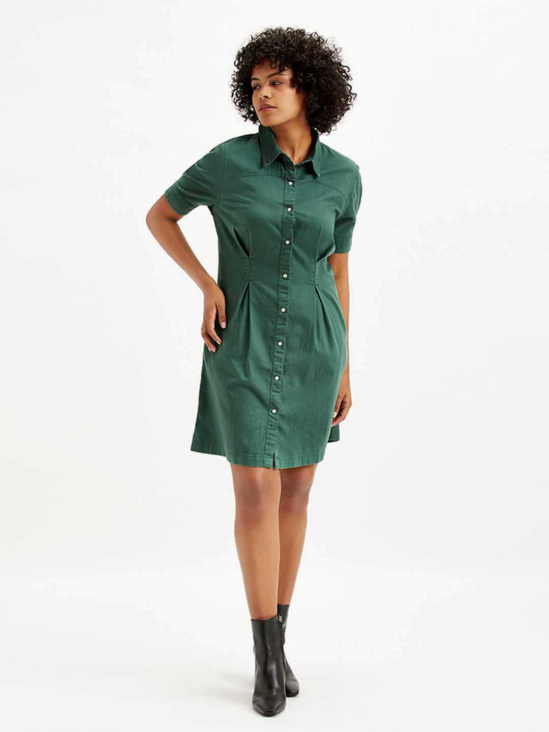 Women's Solid Green Spread Collar Shirt Dress - Front View