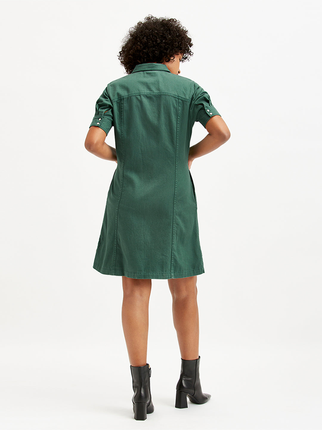 Women's Solid Green Spread Collar Shirt Dress - Back View