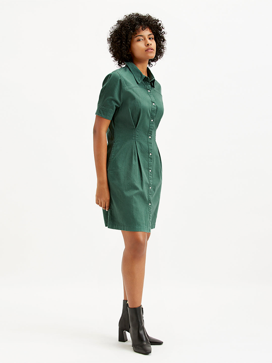 Women's Solid Green Spread Collar Shirt Dress - Side View