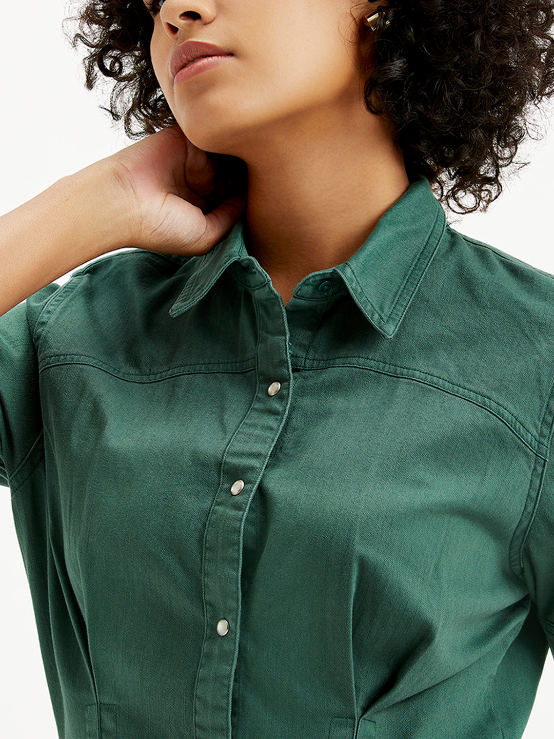 Women's Solid Green Spread Collar Shirt Dress - Detail View
