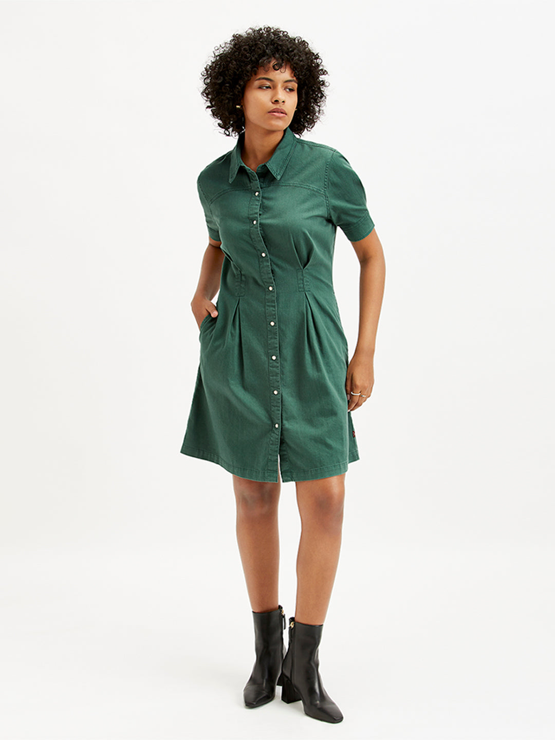 Women's Solid Green Spread Collar Shirt Dress - ef924fb2-dbe7-484f-876b-9e82147d063c View