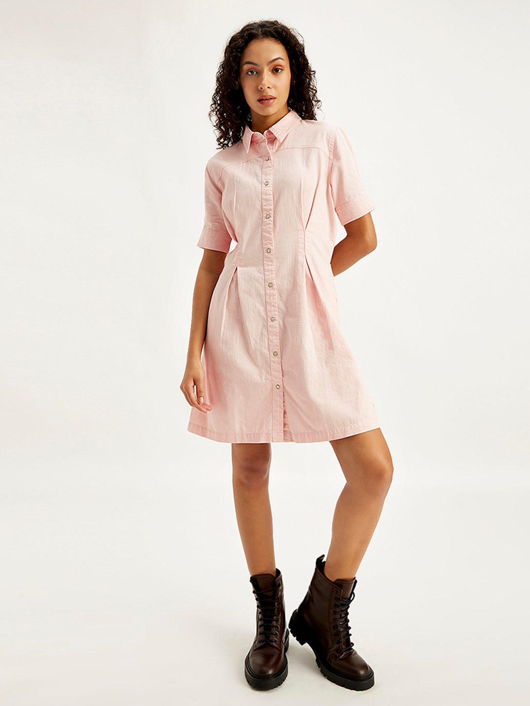 Women's Solid Light Pink Spread Collar Shirt Dress - e33a68ba-037b-474b-a5c9-d2fea5d1b979 View