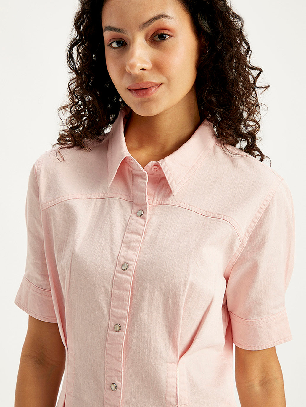 Women's Solid Light Pink Spread Collar Shirt Dress - da76410e-166f-4f1c-ada3-3b6a8942a26f View