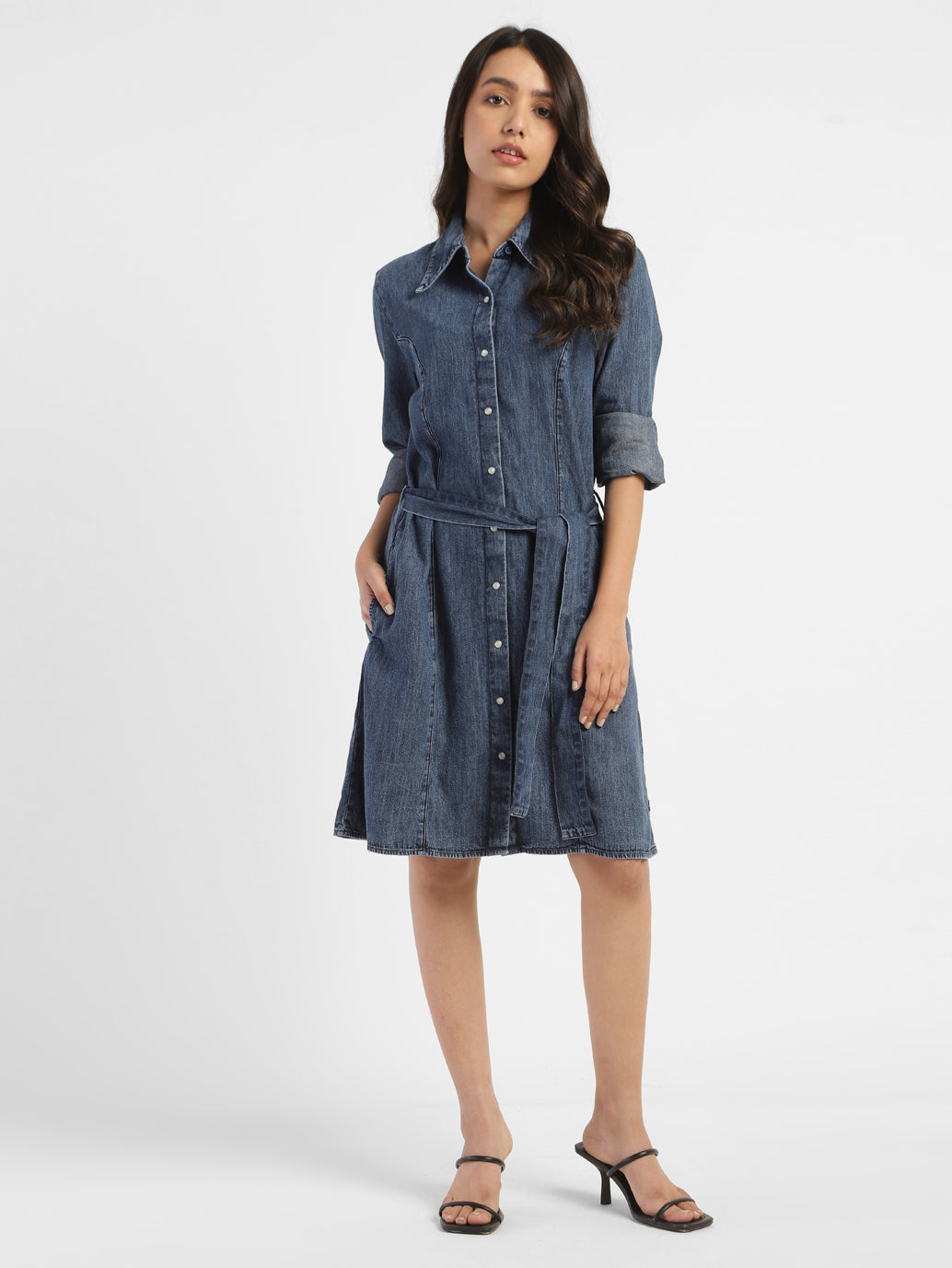 Women's Solid Mid Indigo Shirt Collar Dresses - 0fcc10a5-3753-425a-8377-9f05f51993f8 View