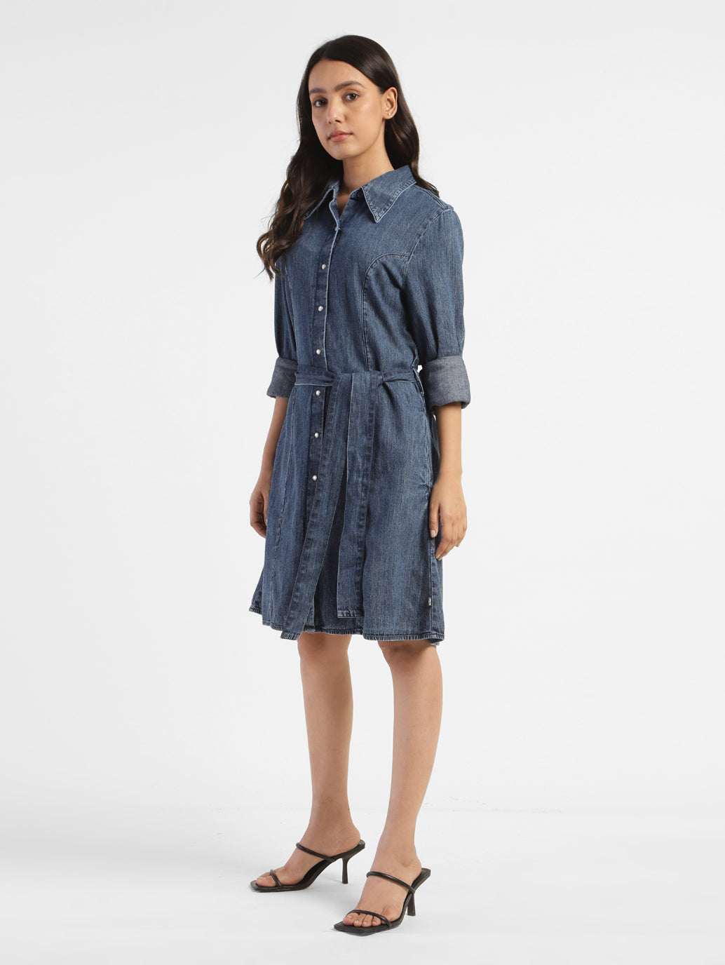 Women's Solid Mid Indigo Shirt Collar Dresses - e2369e96-cfe5-4dea-8527-eee75cb2a21e View