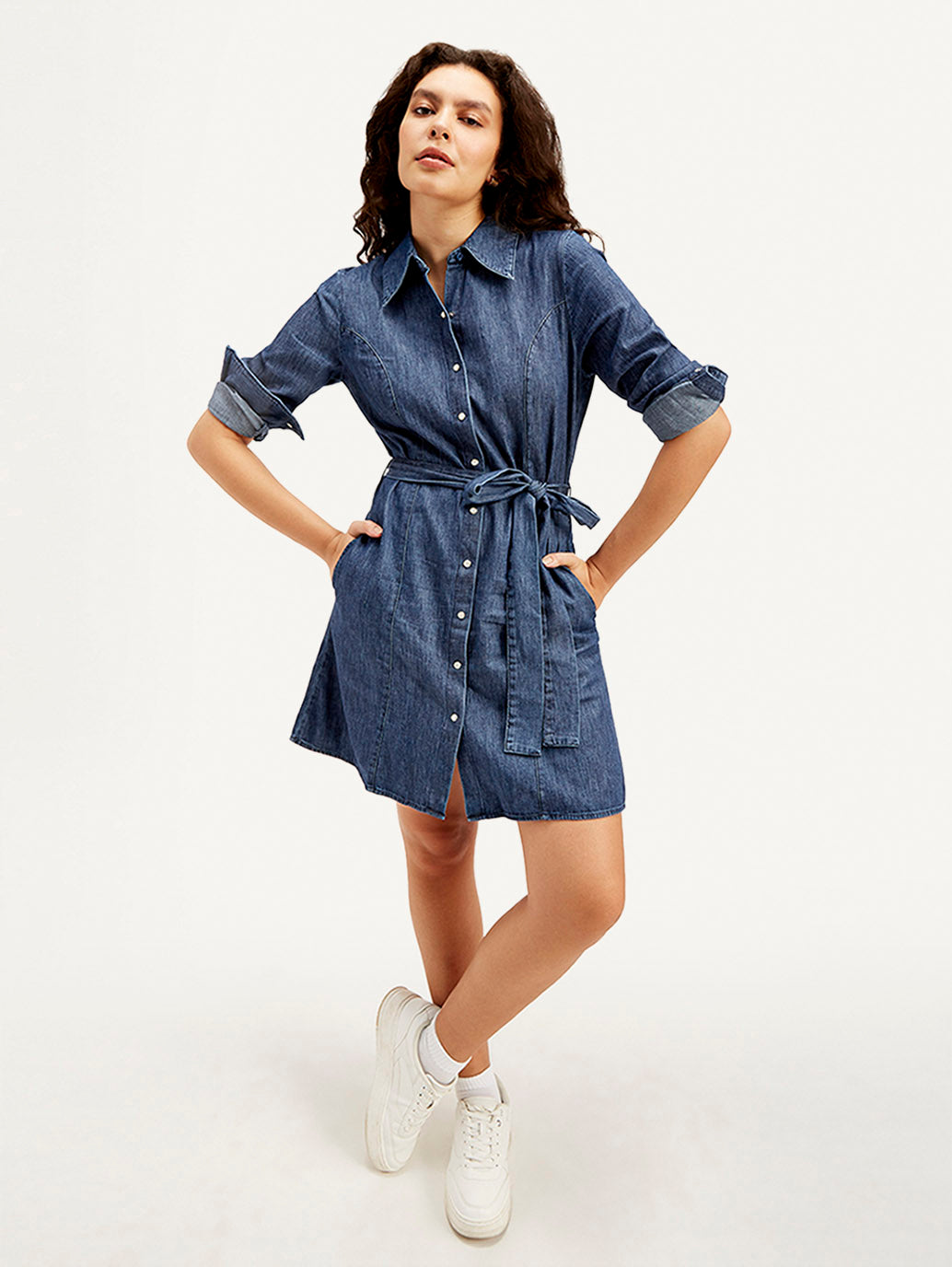 Women's Solid Navy Spread Collar Dress - Styleshot View
