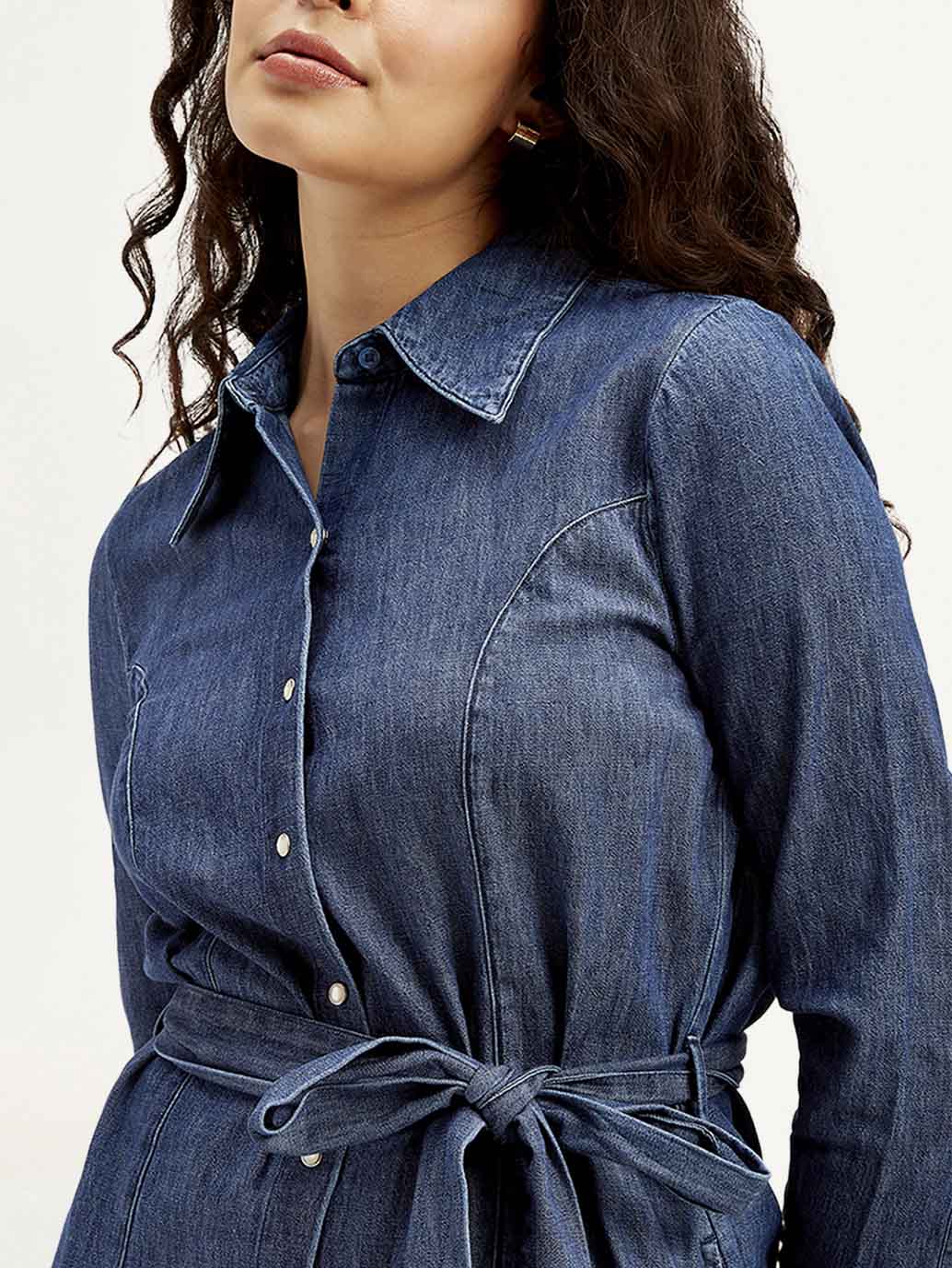 Women's Solid Navy Spread Collar Dress - Detail View