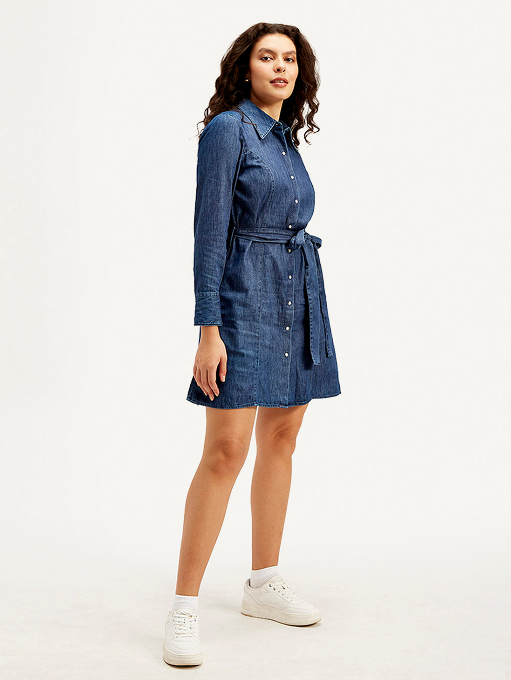 Women's Solid Navy Spread Collar Dress - Side View