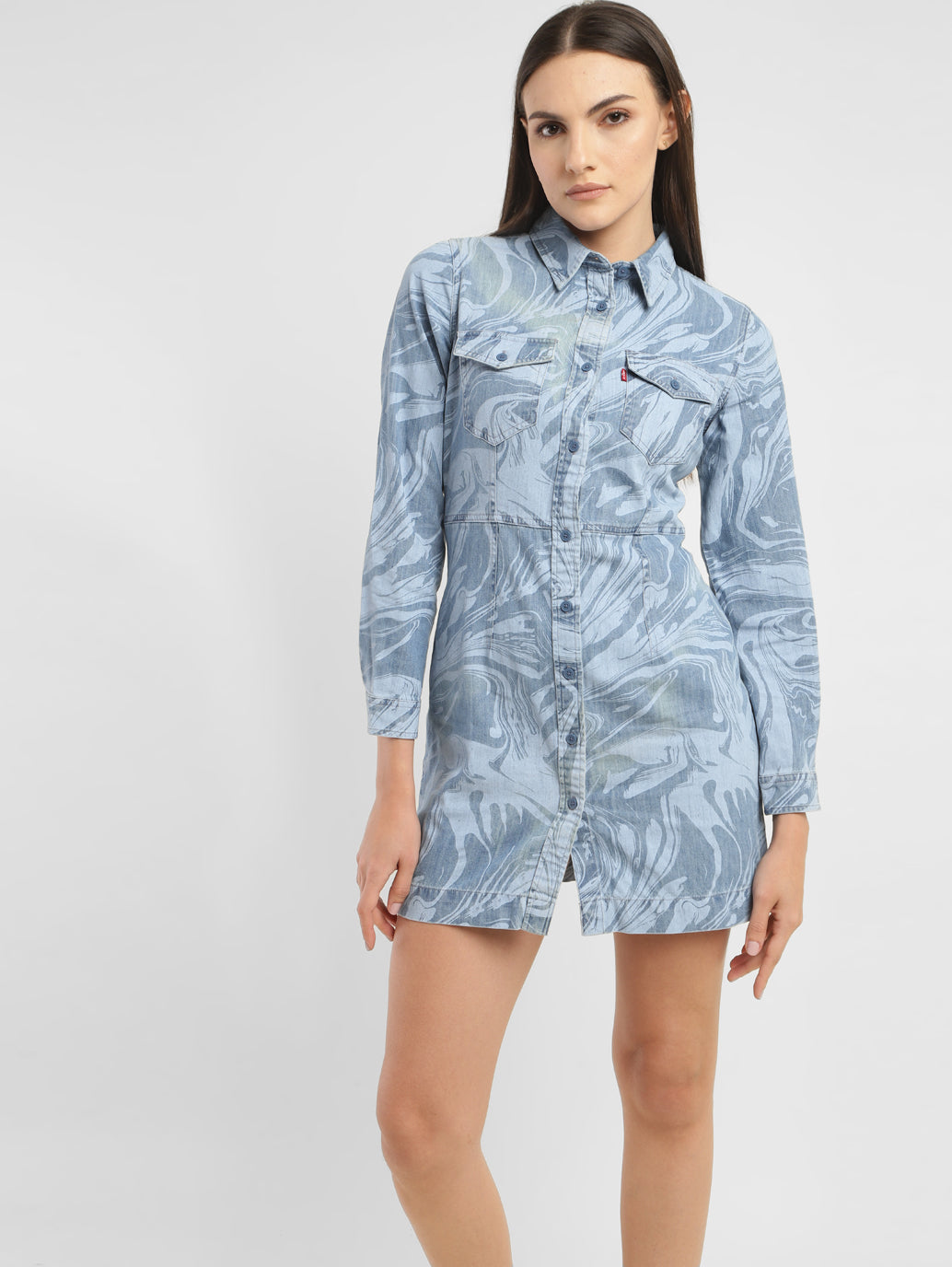 Women's Printed Spread Collar Denim Dress - 996e4e72-1c70-4f64-a910-669398a4bd08 View