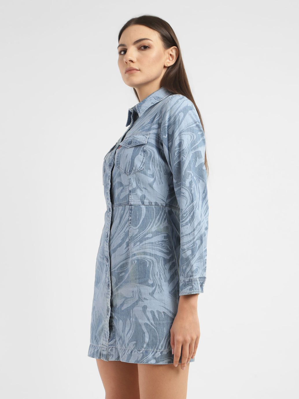 Women's Printed Spread Collar Denim Dress - 46870de6-a199-4754-bde5-e7a022df23ce View