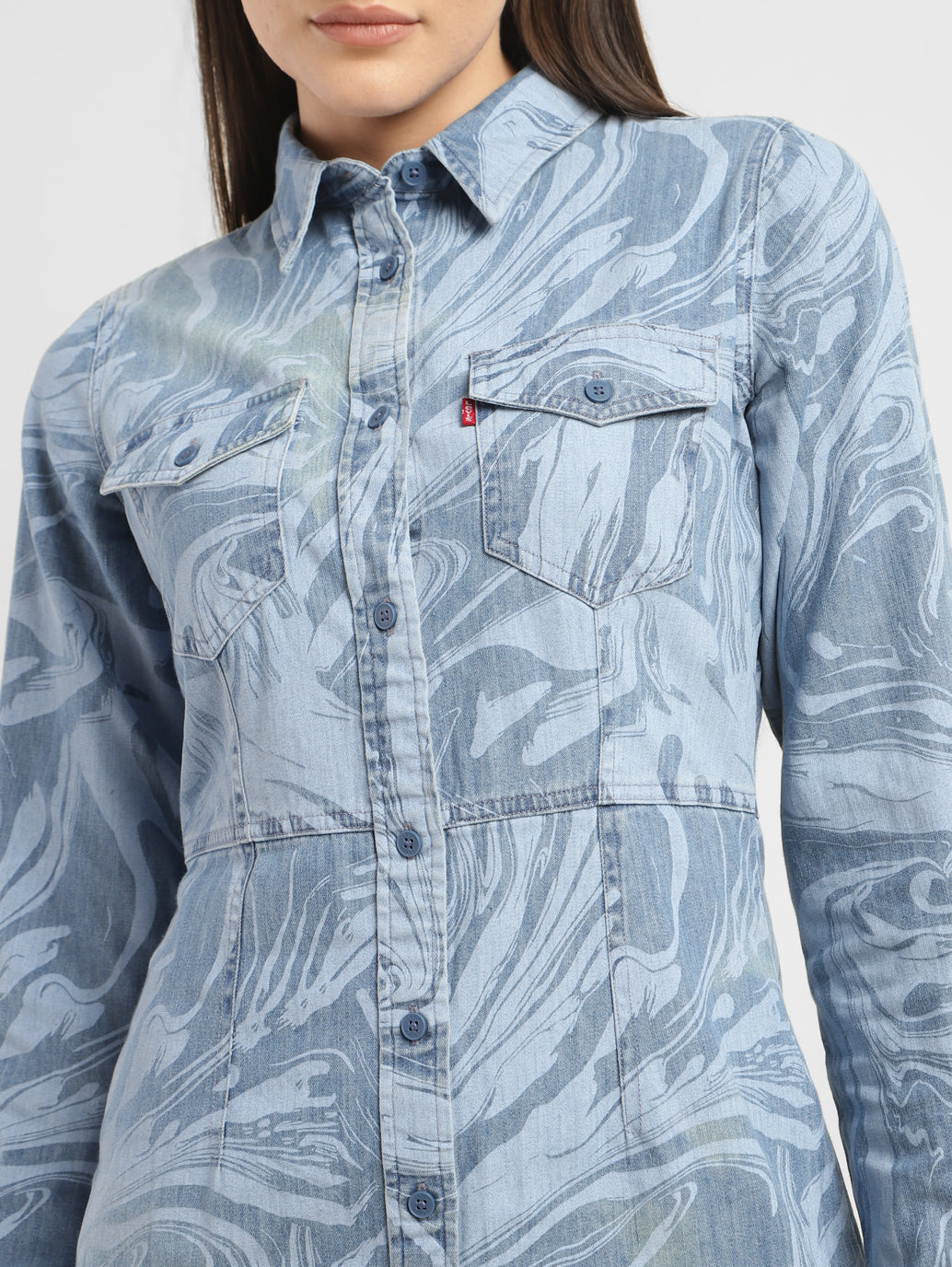 Women's Printed Spread Collar Denim Dress - ef47e057-5da4-4cc8-b373-5f7db663d60e View